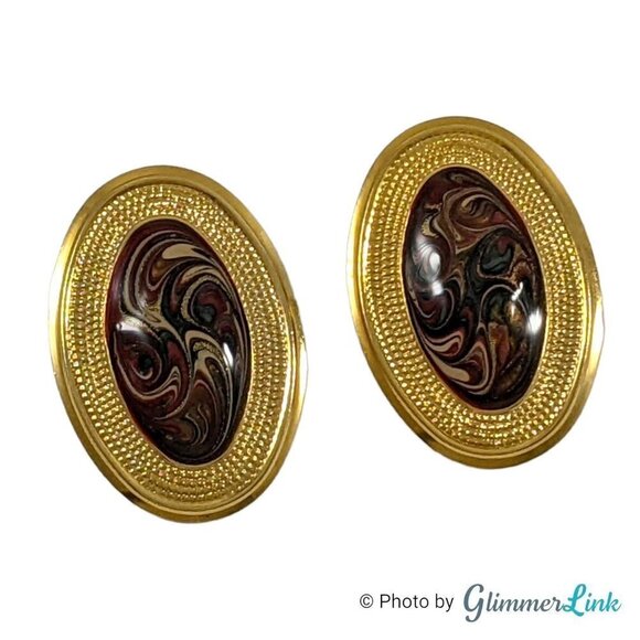 Vintage Oval Red & Cream Enamel Swirls Gold Tone Earrings - Picture 2 of 8